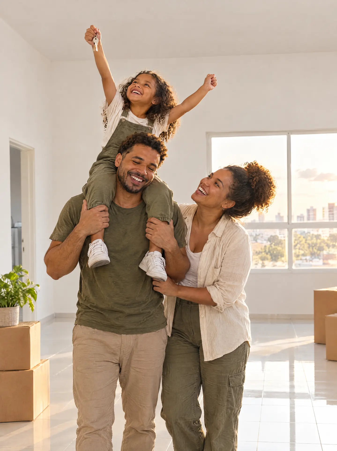Família comemorando a chave do novo apartamento